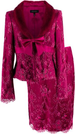 Escada Cherry Lace Mink Fur Trimmed Silk Lace Top and Skirt Size XS