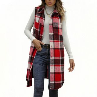Generic Keepink Ladies Tweed Waistcoat Flannel Plaid Gilet Collared Button Front Vest Tops Checkered Sleeveless Jackets Long Outerwear with Pocket Elegant Sha