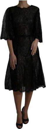 Dolce & Gabbana Zwarte Bloemenkant Sheer A-lijn Midi Jurk - Dames - Feestkleedjes - Zwart - 2XL - Kleedjes