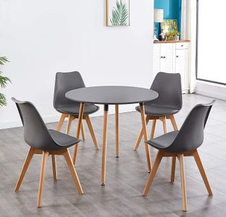 Kosy Koala Round Kitchen Wooden Dining Table Set & 4 Padded Chairs in Grey