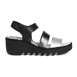 FLY London BEXY575FLY Idra Leather Womens Heels Sandals - Silver Graphite Black - Size:UK 5