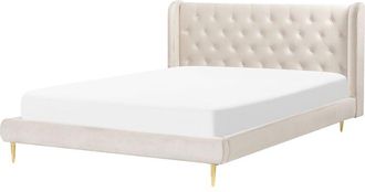 Beliani Cama Con Somier De Terciopelo Beige Dorado 160 X 200 Cm Cabecero Capiton&eacute; Forbach