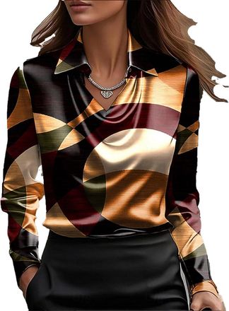 Generic Multicolor Satin Blouse for Women UK Elegant Cowl Neck Silk Party Tops Fashion Long Sleeve Office Work Shirts Casual Turndown Collar Tunic Shirt Stree