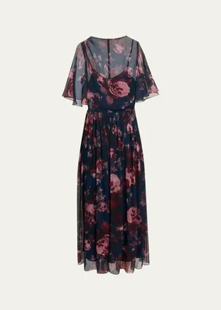 Erdem Floral Silk Creponne Flutter-Sleeve Midi Dress