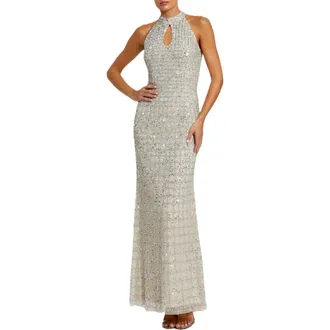 Mac Duggal Embellished Halter Neck Keyhole Gown in Nude Silver at Nordstrom, Size 12