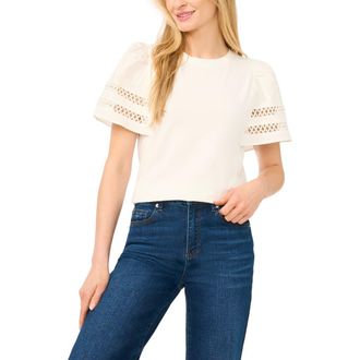 CeCe by Cynthia Steffe Embroidered Detail Short Sleeve Cotton Top in New Ivory at Nordstrom, Size X-Small