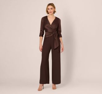 Adrianna Papell Satin Crepe Three Quarter Sleeve Jumpsuit With Buckle Waist In Dark Brown