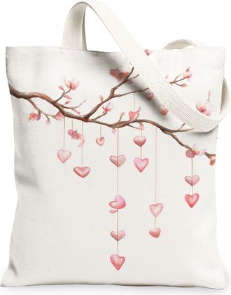 Generic Floral Heart Canvas Tote Bags, Romantic Blossom Design Reusable Grocery Bags, Spring Vintage Elegant Lightweight Washable S, White, 13x15 Inch