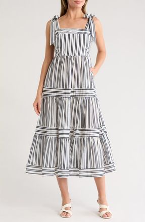 Ellen Tracy Tie Shoulder Cotton Tiered Sundress in Ecru Navy Stripe at Nordstrom Rack, Size X-Small