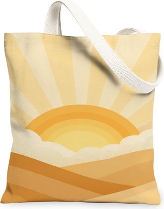 Generic Sunrise Pattern Canvas Tote Bags, Summer Sun Art Design Reusable Shopping Bags, Lightweight Washable Shoulder Strap Canvas, Yellow, 13x15 Inch