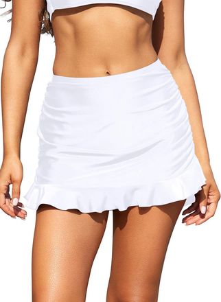 SHEKINI Womens Skirted Bikini Bottoms with Built-in Swim Swimsuit Bottoms Shirred Ruffle Swimdress Skirt White
