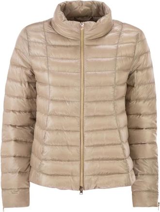 Herno Ultra-Licht Satin Donsjack met Uitlopende Achterkant - Dames - Gewatteerde jassen - Beige - XS - Satijn - Jassen