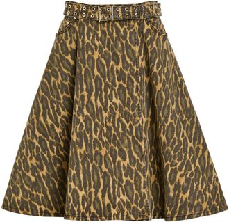 Ganni Belted Leopard-print Stretch-denim Midi Wrap Skirt - Khaki - 38 (UK10 / S)