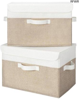 OEM Cajas De Almacenamiento Con Tapa - Juego De Contenedores De Almacenamiento - Almacenamiento De Ropa - Dise&ntilde;o Plegable - 2 Piezas - Blanco Caqui