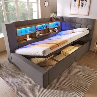 Matteo Grey Linen Daybed with Hydraulic Storage, LED & USB Charging | Size: Single