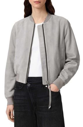 AllSaints Orten Suede Bomber Jacket in Light Grey at Nordstrom, Size 10 Us