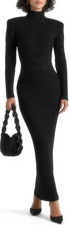 Mani&egrave;re De Voir Hana Wide Shoulder Knit Dress With Waist Tie in Black at Nordstrom, Size X-Small