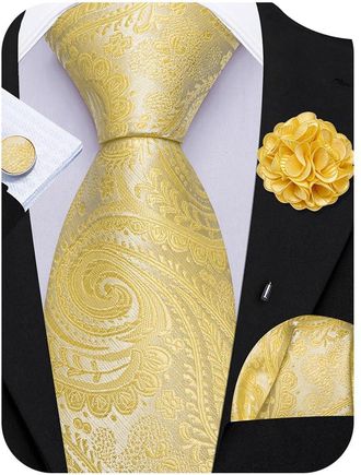 Barry.Wang Mens Yellow Tie Set for Wedding Silk Paisley Necktie Pocket Square Cufflinks and Lapel Pin Brooch Set