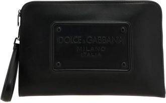 Dolce & Gabbana Tassen, Heren, Zwart, ONE Size, Katoen, Grote kalfsleren pouch met verhoogd logo
