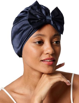 LilySilk Womens 100% Mulberry Silk Sleep Cap 19 Momme Vintage Bow Front Sleep Cap Adjustable Size French Style Sleep Cap Cute Hair Care Silk Cap, Navy Blue