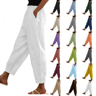 Generic Linen Trousers Womens Petite Summer Elasticated Waist Short Leg Loose Cotton 3/4 Lounge Pants Plain Capri Casual Straight Leg Bottoms with Pockets, Cr