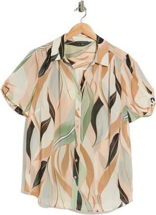 Adrianna Papell Scrunched Short Sleeve Button-Up Shirt in Seafoam Flowing Leaf at Nordstrom Rack, Size 1X