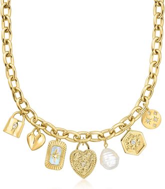 Ross-Simons 14kt Yellow Gold-Plated Charm Necklace With Simulated Gemstones, Pearl and. Czs