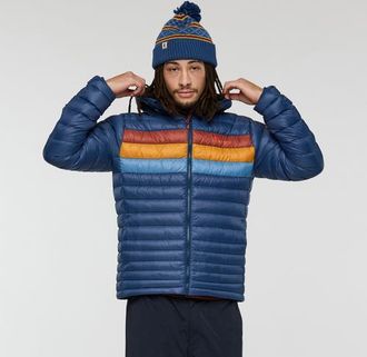 Cotopaxi Fuego Down Hooded Jacket - Mens in Deep Sea Stripes at Nordstrom, Size Xx-Large