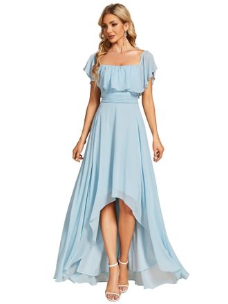 Ever-pretty Womens Elegant Off The Shoulder High-Low Chiffon Bridesmaid Dress Blue 30UK