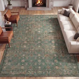 Jonathan Y Designs Petunia Distressed All-Over Floral Border Non-Slip Machine-Washable Rug in Green/brown at Nordstrom, Size 4Ft 0In X 6Ft 0In