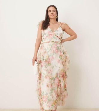 Lace & Beads Plus Vestito in tulle a fiori vivace con gonna al polpaccio e volant-Multicolore