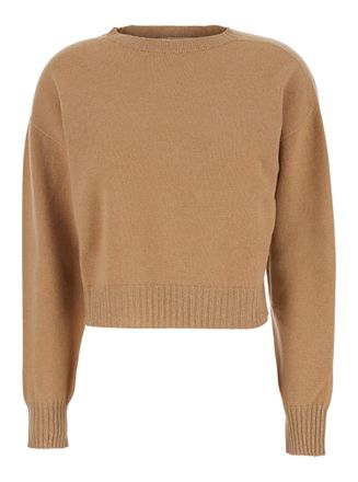 Twin-Set Beige Crew Neck Sweater With Dropped Shoulder And Ribbed Details In Wool Woman