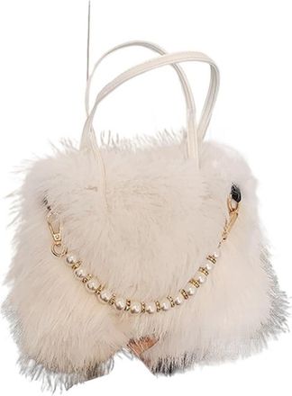 Generic Womens Plush Bags Winter Faux Fur Crossbody Bags For Womens Gift, Pearl Chain Decor Shoulder Bag, Ladies Handbags Top-handel(White)