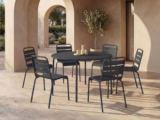 Vente-Unique Sala da pranzo da giardino in metallo - un tavolo rotondo D.130cm e 6 sedie impilabili - Grigio scuro - MIRMANDE di MYLIA
