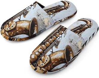 Generic Saxophone Musical Notes Painting Flannel Mens Slip-on Slippers Winter Warm House Shoes with Rubber Sole for Home Hotel