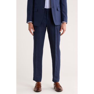 Tommy Hilfiger Flat Front Linen Trousers in Navy Plain at Nordstrom Rack, Size 34 X 30