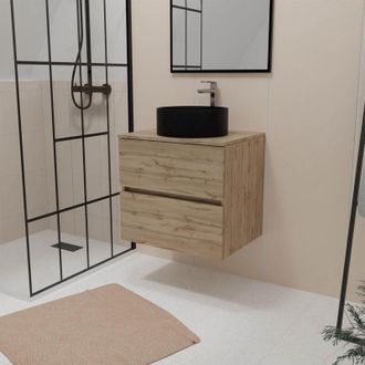Aurlane Aurlane - Mueble De Ba&ntilde;o 80cm 2 Cajones Roble Natural + Lavabo Redondo Negro &Oslash;36cm