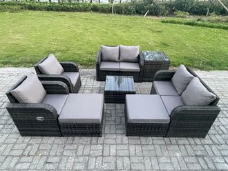 Fimous Garden Furniture Set Rattan Outdoor Lounge Sofa Chair With Tempered Glass Table 2 Big Footstool Side Table Dark Grey Mixed