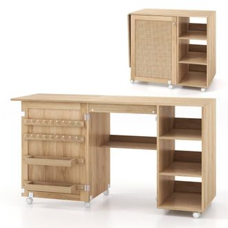 Costway Costway Folding Sewing Table Sewing Machine Craft Station w/18 Pegs&2 Bins in Natural