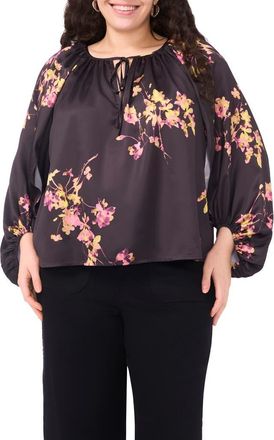 Vince Camuto Floral Peasant Blouse in Rich Black at Nordstrom, Size 3X