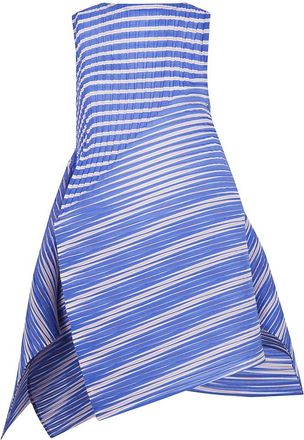 Issey Miyake Kleedjes, Dames, Blauw, M, Leer, Generic Gestreept Jurkje met Machineplooien