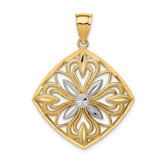 Diamond2Deal 14k Yellow Gold and White Rhodium Diamond-cut Fancy Square Charm Pendant