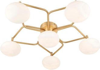 Loops Satin Brass Geometric Flush Ceiling Light - Opal Glass Shades - 6 Bulb Fitting