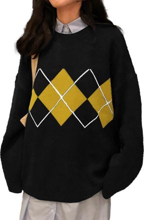 Generic Womens Classic Long Sleeve Sweaters Fall Argyle Plaid Crewneck Loose Knit Pullover Tops (Black)