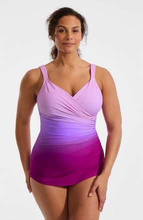 Lands End SlenderSuit V-Neck Skirted Low Leg One Piece in Crimson Rose/purple Ombre at Nordstrom, Size 18W