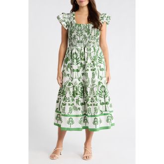 Sugarlips Double Ruffle Smocked Bodice Midi Sundress in White/Green at Nordstrom, Size 1 X