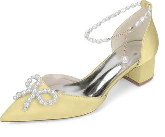 Generic Wedding Shoes Women Low Heel Bridal Satin Chunky Heels Dress Shoes Wedding Ankle Strap Evening Pumps 4.5Cm,Yellow,10 UK
