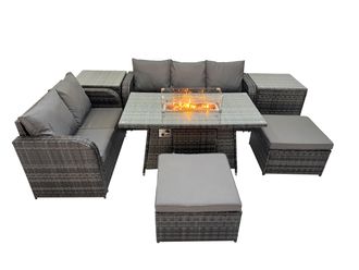 Fimous Garden Outdoor Rattan Furniture Set with 2 Big Footstools 2 Side Table in Dark Grey
