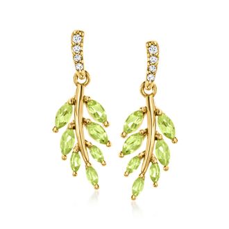 Ross-Simons Peridot Leaf Drop Earrings With Diamond Accents in 18kt Gold Over Sterling