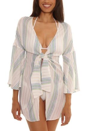 BECCA by Rebecca Virtue Radiance V-Neck Long Sleeve Cover-Up Tunic in Sky Blue/White at Nordstrom, Size Large